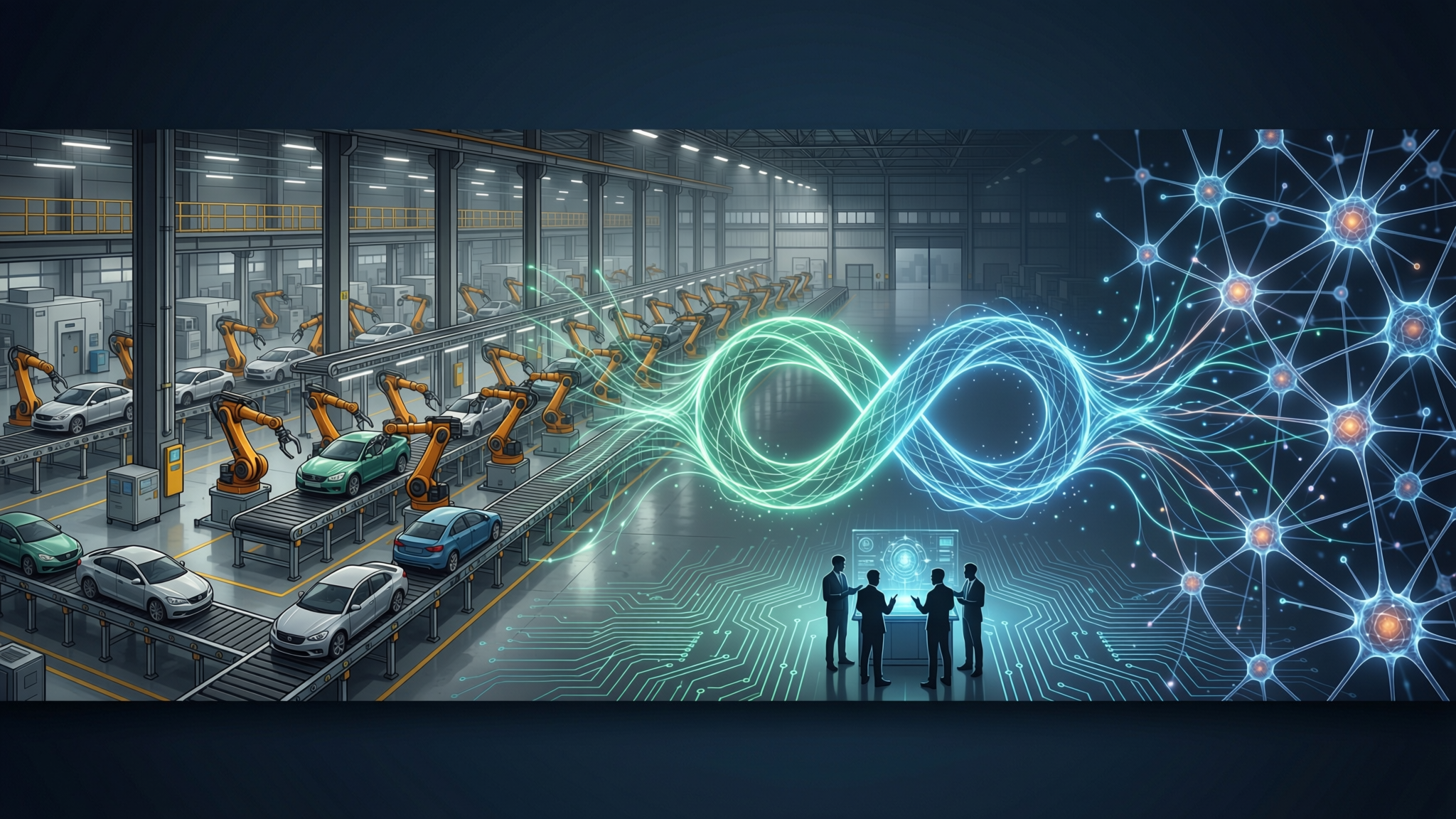 An automotive production line resolving into a data network.